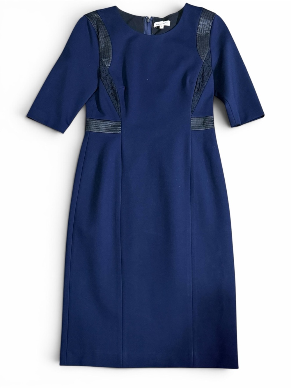 REBECCA TAYLOR Navy Blue Ponte Faux Leather Lace Trim Sheath Dress Size 4